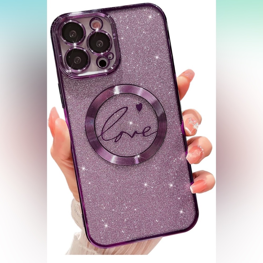 Magnetic Glitter purple Love Heart Case For iPhone 14 Pro Max Shockproof
